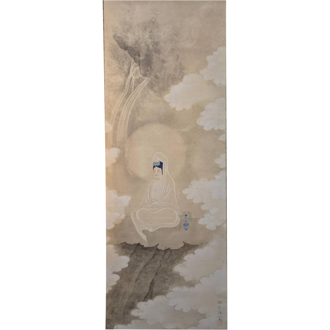 Hanging Scroll of Avalokiteshvara Bodhisattva: A Compassionate Buddha Painting Standing on Clouds -: Mounting dimensions (including roller ends) approximately 68 x 202 cm Main paper dimensions approximately 48 x 131 cm