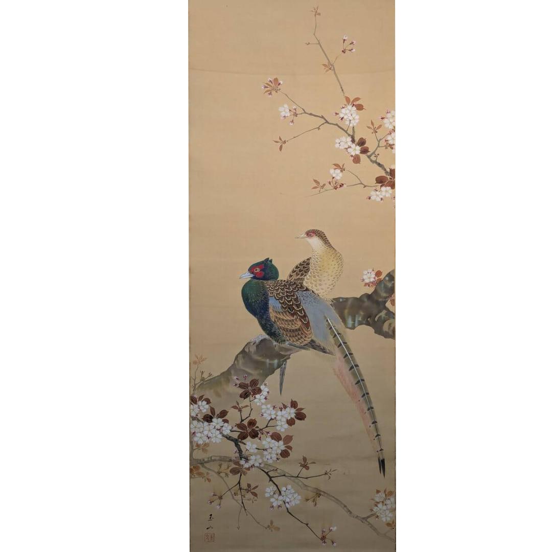 Hanging Scroll: "Spring Abundance - Cherry Blossoms and Pheasant" Floral and Bird Painting: Mounting dimensions (including roller ends) approximately 60 x 197 cm Main paper dimensions approximately 41 x 113 cm