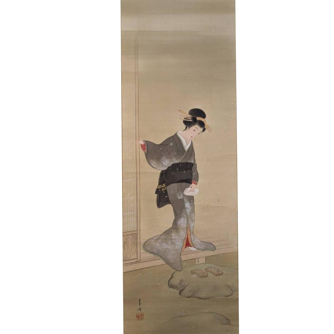 Hanging Scroll by Nagase Suito (Nagase Suito) - Bijin-ga (Beauty Painting) of a Woman in Traditional: Nagase Suito, Japanese painter. Born in Meiji 17 (1884), Okayama Prefecture. Real name Kinjiro. An active Japanese painter from the Taisho period to the early Showa period, residing and creating in Ky