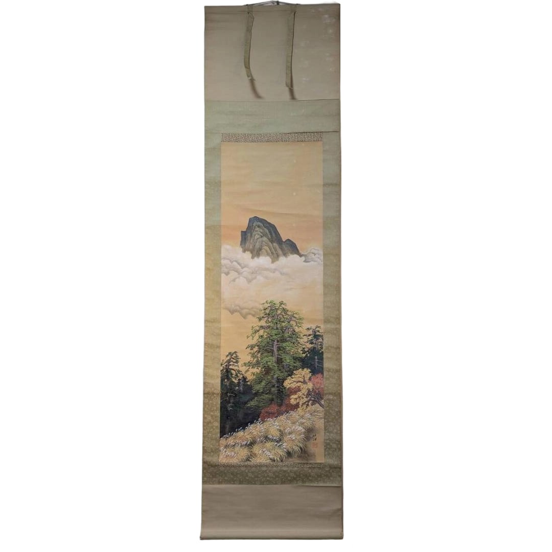 Hanging Scroll: Autumn Landscape Hanging Scroll - Misty Peaks and Red Leaves: Mounting dimensions (including roller ends) approximately 56 x 217 cm Main paper dimensions approximately 42 x 131 cm