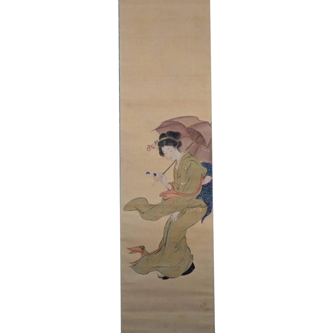 Authentic Work Hanging Scroll "Bijin-ga" (Beauty Painting) Depicting a Woman in Traditional Japanese: Mounting dimensions (including roller ends) approximately 46 x 168 cm; paper dimensions approximately 27 x 103 cm.