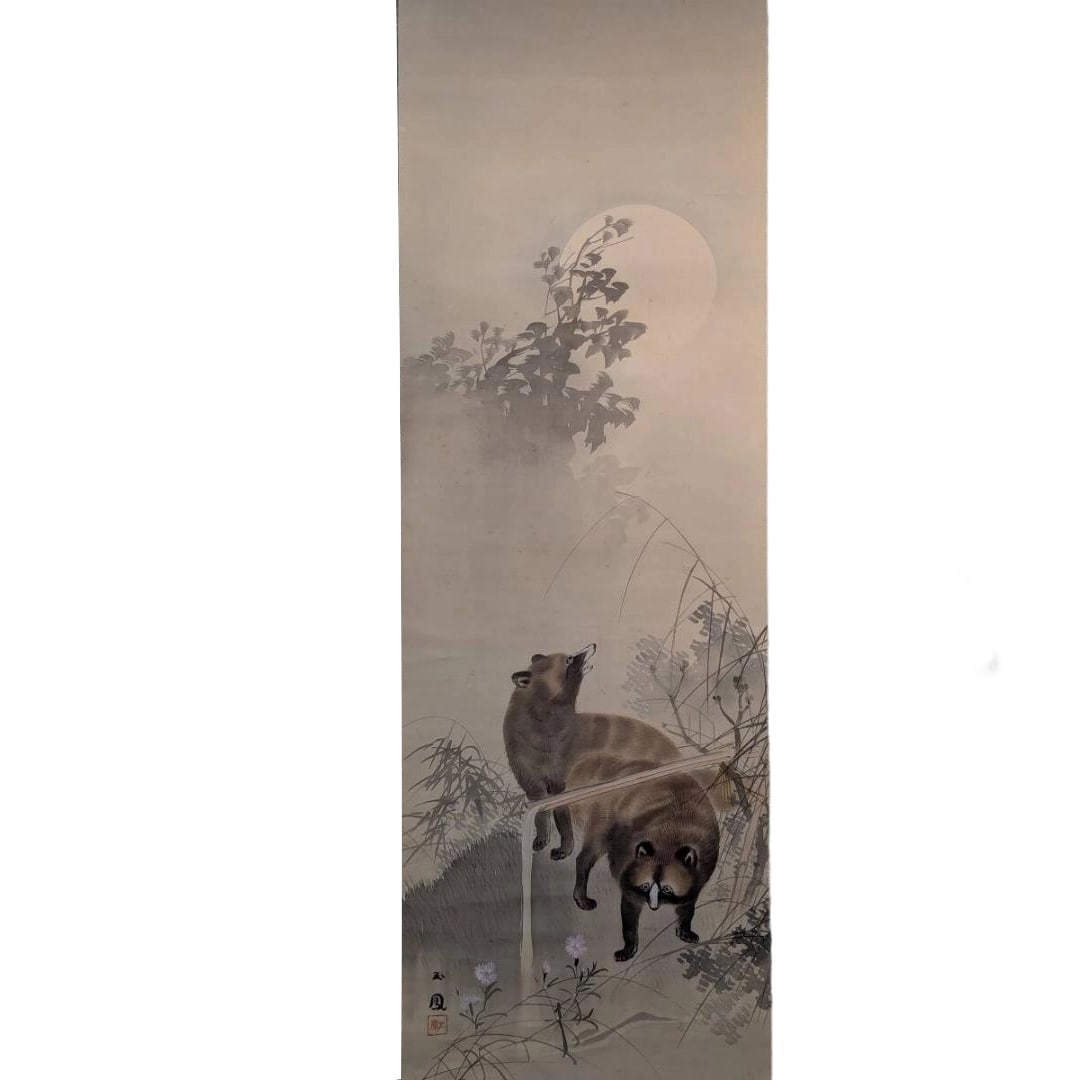 Hanging Scroll: "Tanuki Under the Moon" in Ink and Light Colors, Depicting an Autumn Scene in: Mounting dimensions (including roller ends) approximately 59 x 195 cm; paper dimensions approximately 41 x 122 cm.