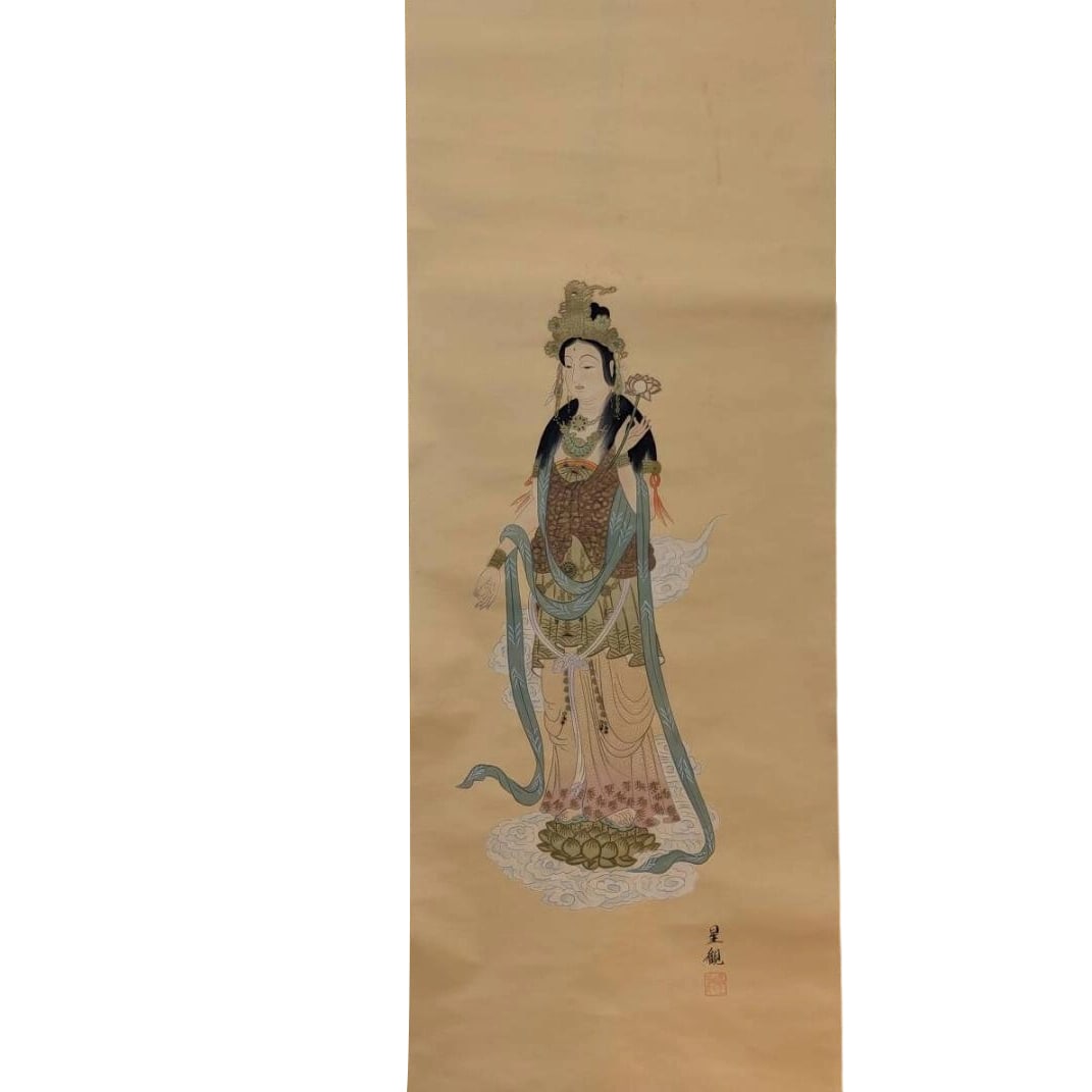 Hanging Scroll by Miyashita Seikan: "Kannon Above the Clouds" - Buddhist Painting of Lotus Kannon on: Dimensions (including roller heads approximately 59 x 185 cm, paper size approximately 41 x 105 cm There are some creases, slight stains, and yellowing.