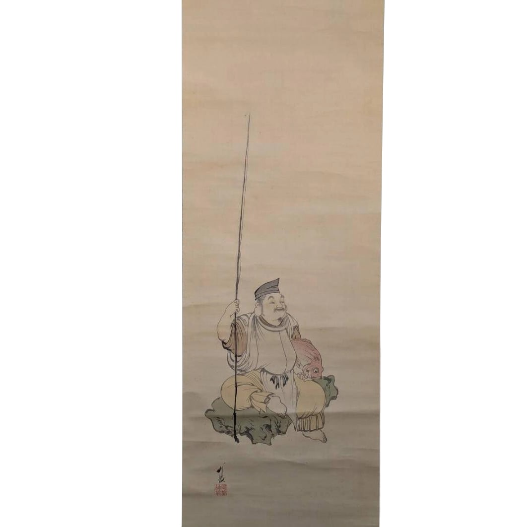 Authentic Hanging Scroll by Oitake Chikuho (Oitake Chikuho): Ebisu Depiction, Seven Lucky Gods,: Otake Chikuho (January 11, 1878 - June 2, 1936) was a Japanese ukiyo-e artist and painter, known as one of the Otake brothers. Born in Niigata City, Niigata Prefecture, his real name was Somekichi. He