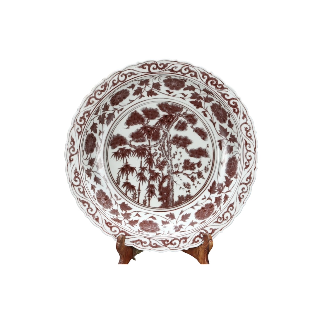 Ming Hongwu Underglaze Red 'Three Friends of Winter' Foliate Rim Large Dish (1 of 10)