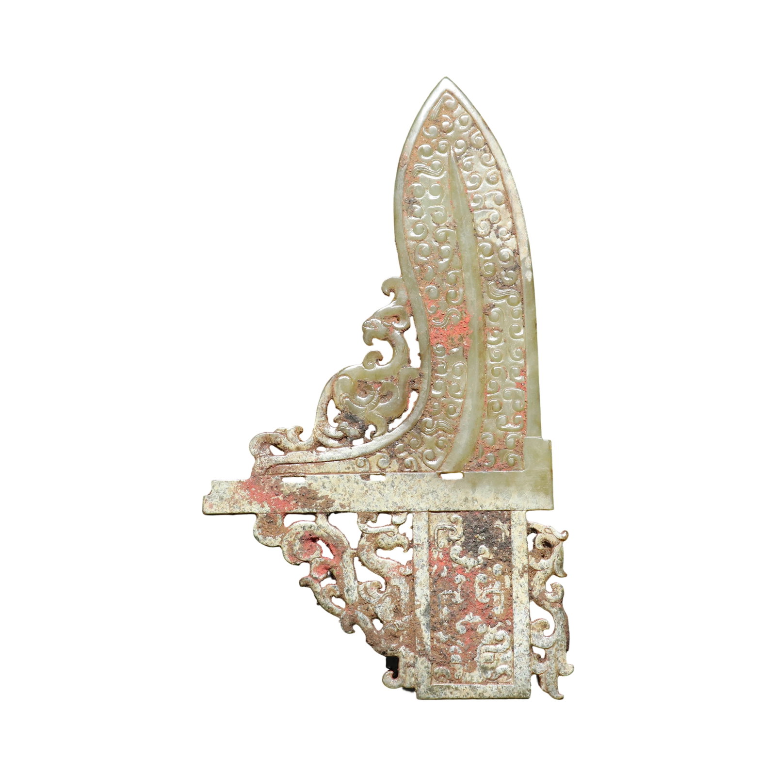 Han Dynasty Hetian Jade Tadpole Dragon and Phoenix Pattern Jade Ge: This Hetian jade ge from the Han Dynasty features exquisite craftsmanship and fine jade quality, with an aged patina that highlights the ancient artistry. The tadpole dragon and phoenix patterns add