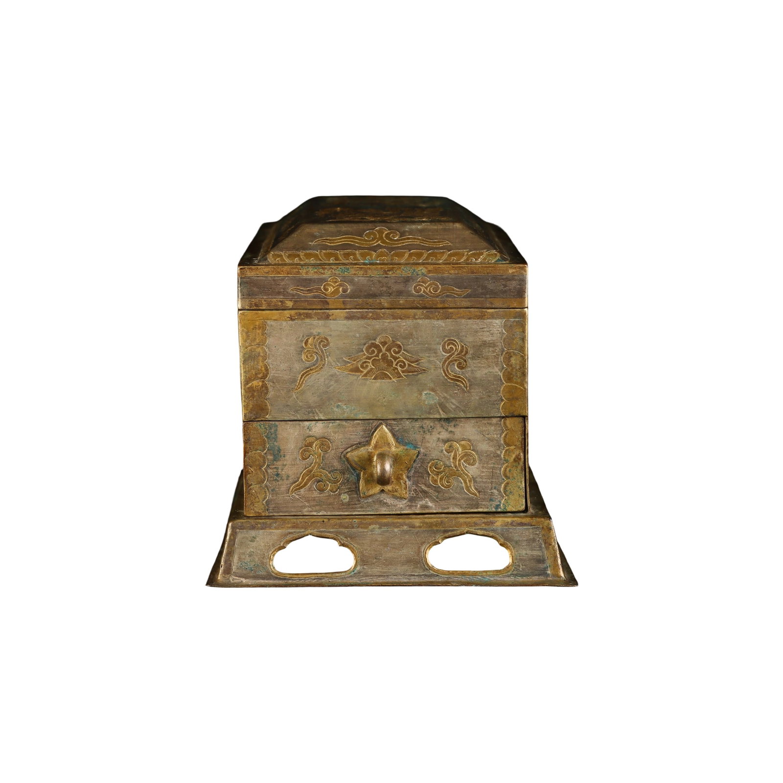 Tang Dynasty Partially Gilded Treasure Cabinet: This Tang Dynasty treasure cabinet is renowned for its exquisite partial gilding, showcasing the superb craftsmanship of Tang artisans. The cabinet's design is ingenious with smooth lines, possessing