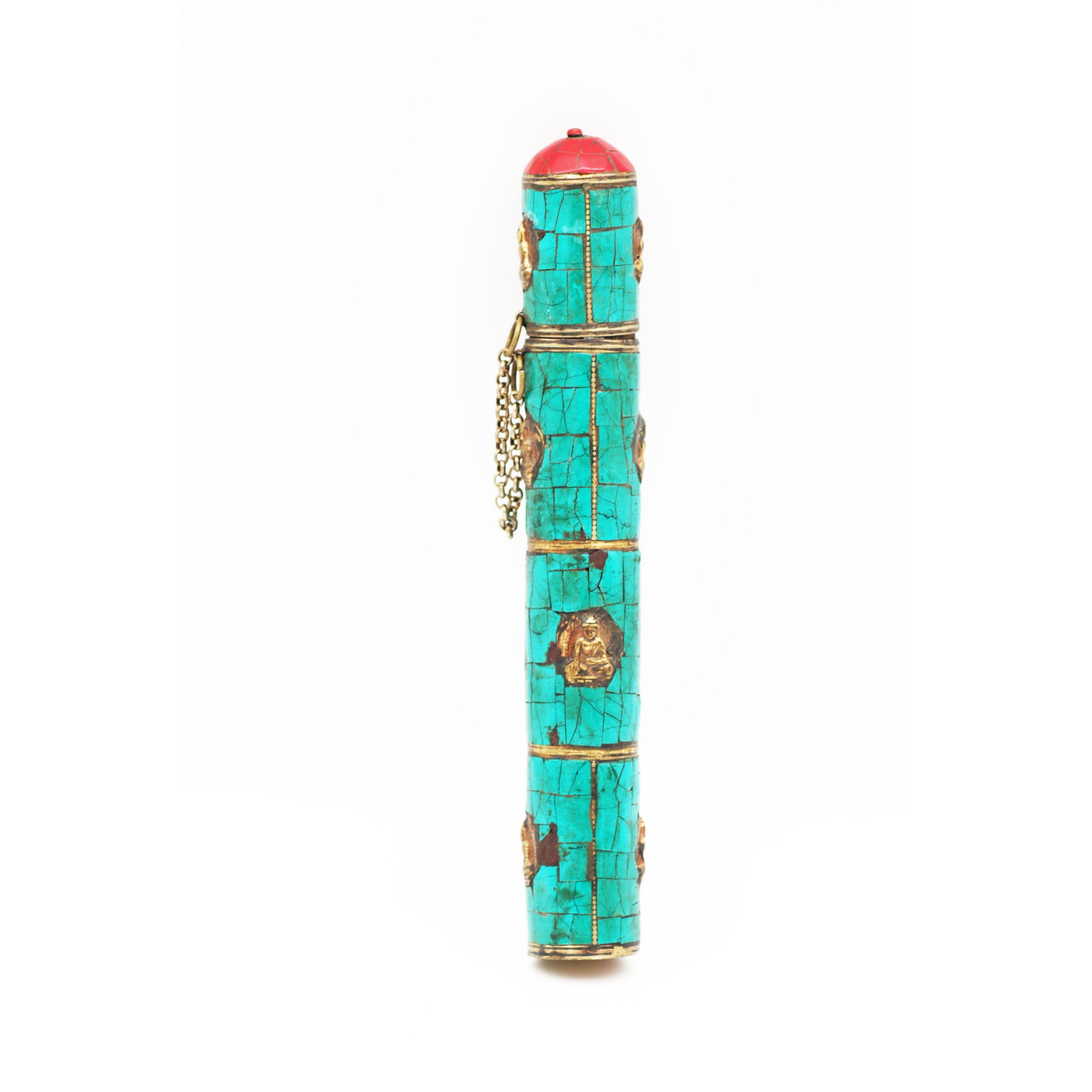 Tibetan-Style Ritual Instrument with Turquoise Inlay and Buddha Motif / Prayer Wheel: Tibetan-Style Long Cylindrical Ritual Instrument with Turquoise Inlay / Prayer Wheel Material: Brass Dimensions: Diameter 4 cm, Height 27 cm, Weight 190 g This piece is a Tibetan-style long cylindrica
