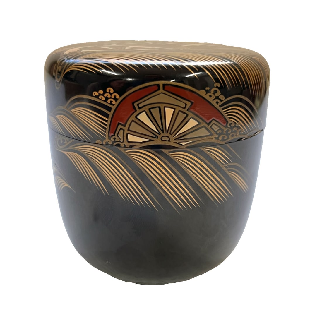 Traditional Japanese Tea Ceremony Natsume-style Matcha Container, Black Lacquered Ground: Japanese Traditional Tea Ceremony Natsume-style Matcha Container, black lacquer ground, entirely decorated with gold maki-e leaf patterns, showcasing meticulous and elegant craftsmanship. Accompanied 