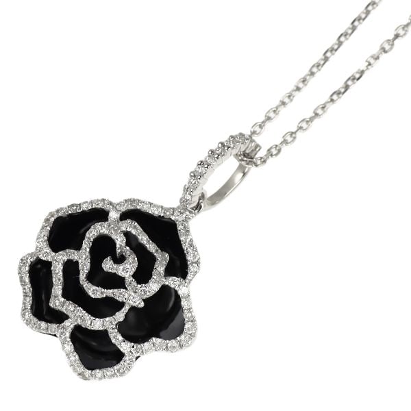 Second-hand K18WG/Pt850 Onyx Diamond Pendant Necklace D0.50ct Floral Motif: A platinum ring featuring a floral motif set with numerous small diamonds on a base of black onyx. The lustrous black onyx contrasts strikingly with the delicate openwork floral pattern outlined by di