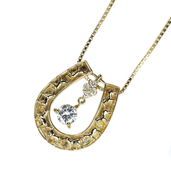Second-hand K18YG Diamond Pendant Necklace, 0.35 Carats, Horseshoe Design: This is a yellow gold pendant necklace featuring a total of 0.35 carats of diamonds. The center of the horseshoe pattern is adorned with a hollow horse motif, with diamonds shimmering and swaying with