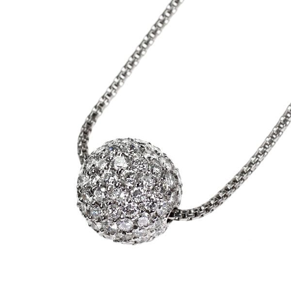 Second-hand K18WG Diamond Pendant Necklace, 3.01 Carats, Pave Setting: This is a luxuriously crafted platinum necklace, featuring a seamless sphere approximately 13.0mm in diameter, fully encrusted with diamonds. The diamonds are of high-quality, brilliant stones, set us