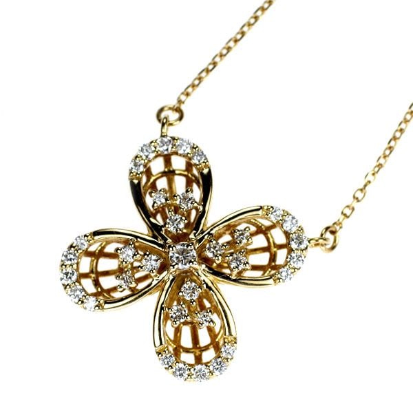 Pre-owned K18YG Diamond Pendant Necklace 0.32 Carats Floral Design: This is a magnificent gold necklace themed with delicate floral motifs, adorned with diamonds that shine brilliantly. The design features a double pendant with adjustable length components, located on