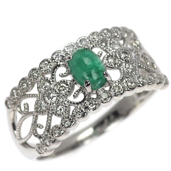 Pre-owned Pt900 Oval Cabochon Cut Emerald Diamond Ring 0.44 Carats D0.29 Carats (1 of 4)
