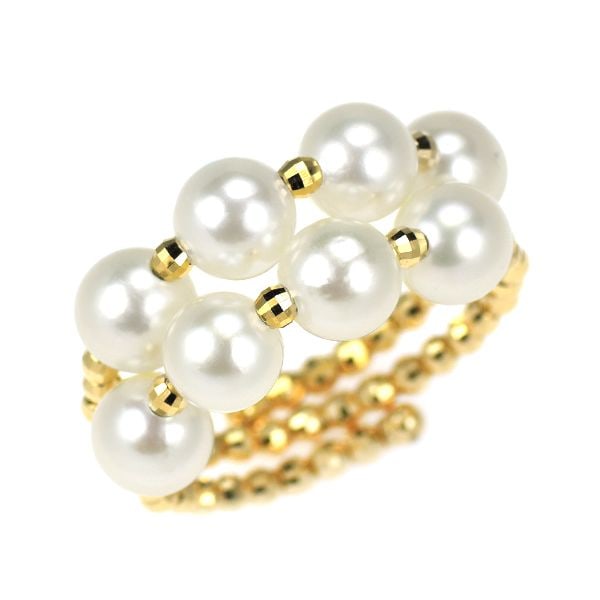 Second-hand - New K18YG Akoya Pearl Ring, Diameter Approximately 5.2-5.4mm, Shape Memory: A beautiful, freely adjustable ring that shines with the glow of yellow gold. The luxurious ring band is composed of delicate parts connected together, made from shape-memory wire, allowing it to wrap