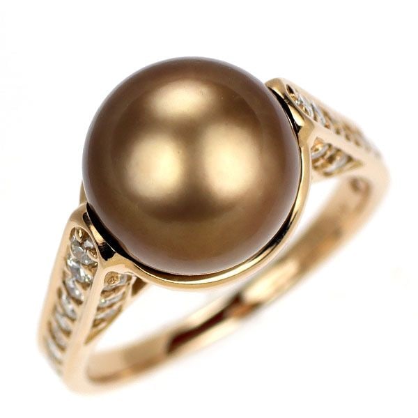 Second-hand K18PG Chocolate-Colored Pearl and Diamond Ring, Diameter Approximately 10.9mm, D0.80: This is an elegant pink gold ring inlaid with chocolate-colored pearls and diamonds. The chocolate-colored pearls are color-treated black-lipped pearls, exhibiting a chocolate hue with a slightly natu