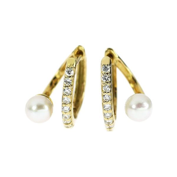 Second-hand - Brand New K18YG Akoya Pearl/Diamond Earrings, approximately 4.0mm in diameter, 0.14: This is an elegant pair of yellow gold hoop earrings combining Akoya pearls and diamonds. The pearls exhibit a creamy white tone with a pinkish-green luster, selected for their high luster and virtual