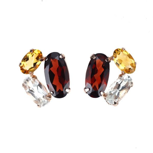 Second-hand - New K10PG Garnet, White Topaz, Citrine Earrings: These pink gold earrings feature three types of colored gemstones: garnet, white topaz, and citrine. The slightly elongated, delicate oval cut is not overly sweet, presenting a simple and refined impr