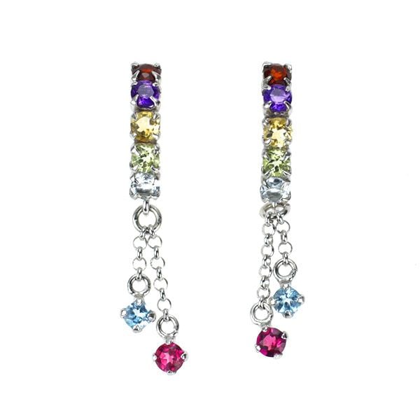 Pre-owned - New K10WG Multi-Colored Gemstone Earrings: A vibrant array of multicolored gemstones is set in K10 white gold earrings. The seven gemstones include garnet, amethyst, citrine, peridot, aquamarine, blue topaz, and pink tourmaline. Light scratche