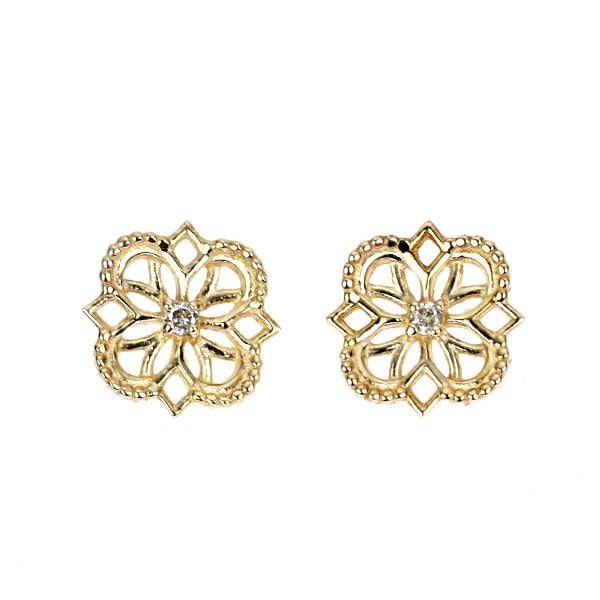 Pre-owned - Brand New K10YG Diamond Earrings 0.012 Carats: This pair of K10 yellow gold earrings features a floral motif in the shape of flowers, exuding a particularly charming appeal. A diamond serves as an accent, sparkling with brilliance, and the lightwe