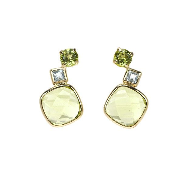 Pre-owned - Brand new K10YG checkerboard cut lemon quartz, peridot, and blue topaz earrings.: This is a pair of K10 yellow gold earrings adorned with a full checkerboard-cut lemon quartz. The sparkling peridot and square blue topaz accents make the main stone even more striking. Enjoy the mode