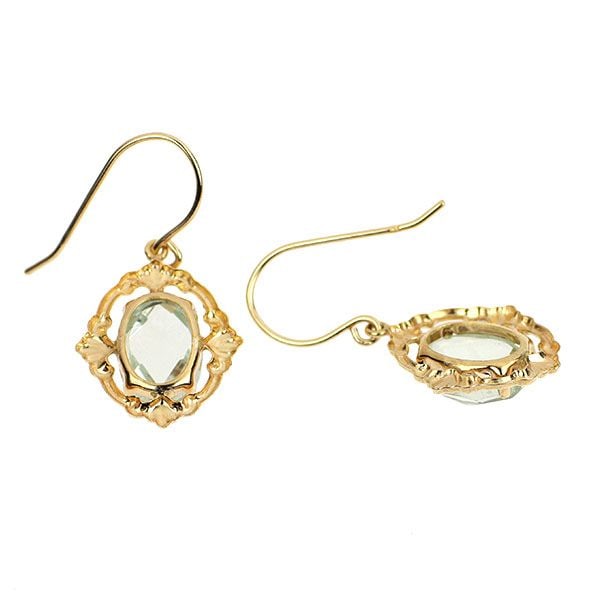 Second-hand - Brand new K10YG Checkerboard Cut Green Amethyst Earrings: A pair of elegant earrings featuring checkerboard-cut green amethyst, gracefully dangling and set in K10 yellow gold hooks. The surrounding area is adorned with meticulous metalwork, outlining a class