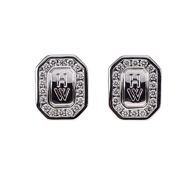Pre-owned - Harry Winston K18 White Gold Diamond Earrings with HW Mark: Originating from New York's top jewelry brand, the elegant HW logo earrings by Harry Winston. The design incorporates the initials "H" and "W" of Harry Winston on an emerald-cut plate, surrounded by s