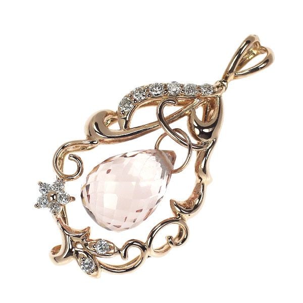 Pre-owned K18 Pink Gold Morganite and Diamond Pendant, 3.31 Carats, D0.12 Carats: This is an 18K pink gold pendant inlaid with morganite and diamonds. The morganite weighs 3.31 carats and features a striking teardrop cut. Although there are minor scratches on the edges, they are