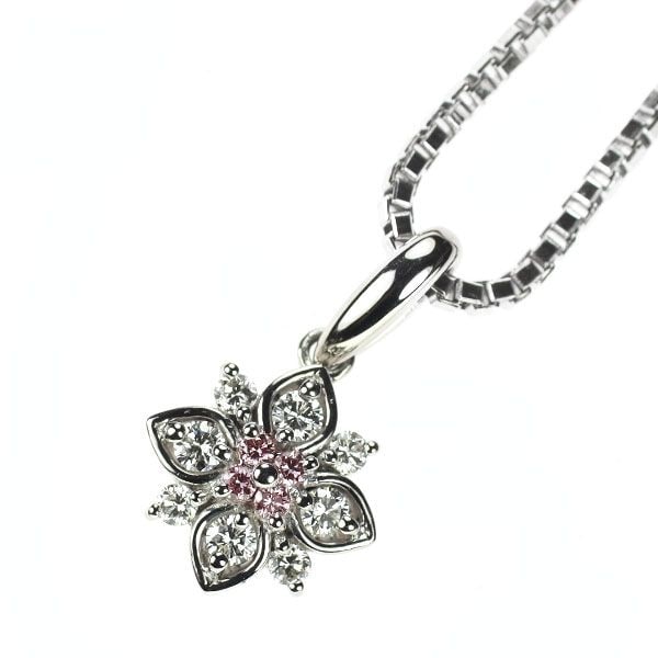 Second-hand - Rare Pt900/Pt850 Natural Pink Diamond Pendant Necklace 0.04 Carat D0.18 Carat Floral: This is a rare natural pink diamond-accented, elegantly shimmering platinum pendant necklace. Surrounded by fresh, sparkling diamonds, it is designed in a magnificent floral pattern. The chain is