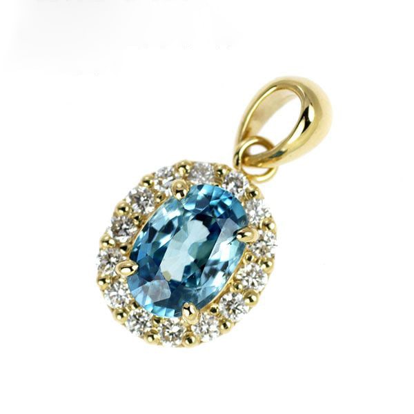 Second-hand - Brand New K18YG Cambodian Ratanakiri Blue Zircon Diamond Pendant 0.70 Carats D0.12: An elegant pendant featuring a Ratanakiri blue zircon as the main stone, named after the Ratanakiri Province in Cambodia. Despite minor scratches on the edges of the zircon, its refreshing hue and