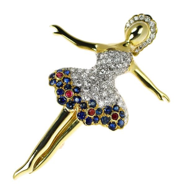 Second-hand K18YG/WG Diamond, Sapphire, and Ruby Brooch/Pendant, Ballerina (1 of 4)