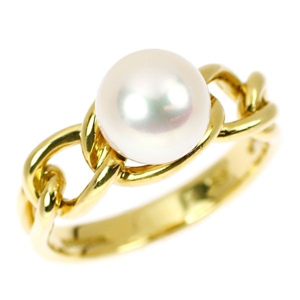 Pre-owned - Tiffany K18YG Akoya Pearl Ring, approximately 7.8 mm in diameter.: This is an elegant Tiffany ring in yellow 18K gold set with an Akoya pearl. The Akoya pearl exhibits a pink-green luster, with a mysterious hue, selected for its beautiful sheen and flawless surface w