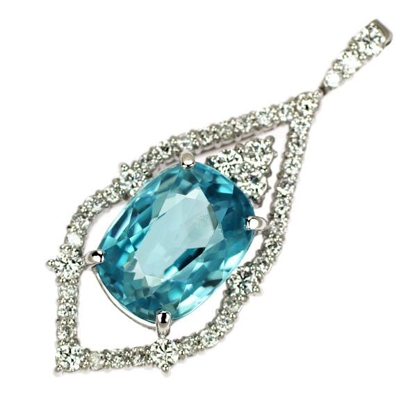 Pre-owned K18WG Blue Zircon Diamond Pendant 5.75 Carats D0.54 Carats: This elegant pendant is set with blue zircon and diamonds. The main stone, blue zircon, shows minor surface and edge scratches upon magnification, but its vibrant color and beautiful luster with a coo