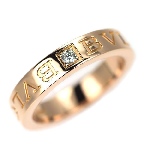 Pre-owned - Bulgari K18 Pink Gold Diamond Ring B.ZERO1 Essential: Bvlgari's popular B.ZERO1 Essential series K18 pink gold ring. The minimalist flat ring is engraved with the "BVLGARI BVLGARI" double logo and set with a high-quality diamond at the center, showcasing
