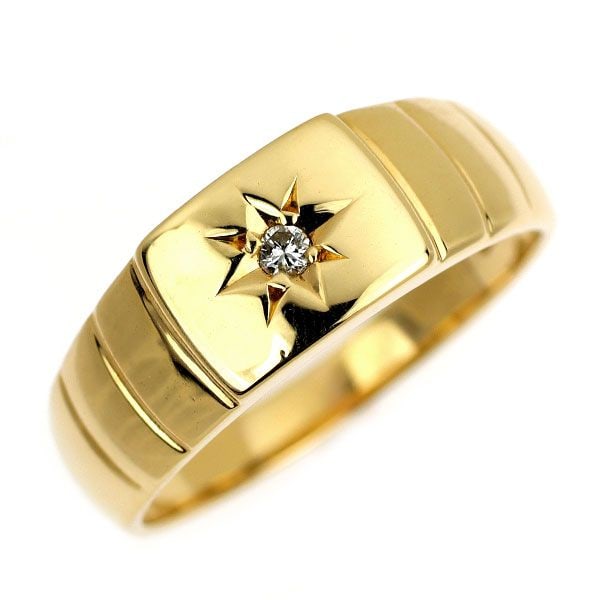 Pre-owned K18YG Diamond Ring, 0.03 Carats: This is an elegant signet-style ring, set with a 0.03-carat diamond, decorated using the afterglow setting/five-light setting technique. With a lightweight feel, it is recommended as an excellent choi