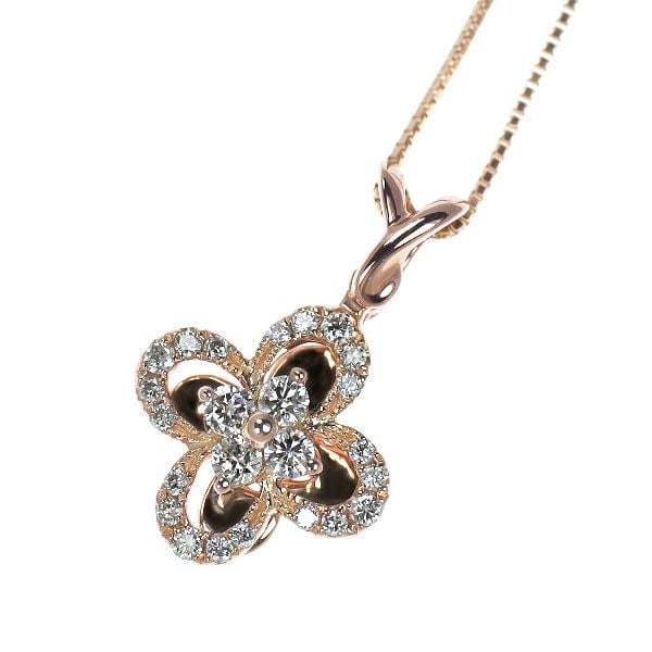 Pre-owned K18PG Diamond Pendant Necklace, 0.35 Carats, Floral Design: This is a luxurious pink gold pendant necklace featuring a total of 0.35 carats of diamonds. The elegant design showcases diamonds and a mirror-polished floral pattern that rotates around the pendant'