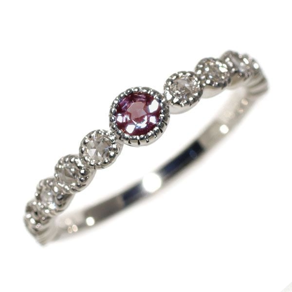 Second-hand - Rare K18WG Alexandrite Rose Cut Diamond Ring D0.08ct: This is a platinum ring inlaid with alexandrite and diamonds. It exhibits a pale bluish-green hue in natural daylight, while under incandescent light, it shifts to a slightly reddish tone, showcasing 