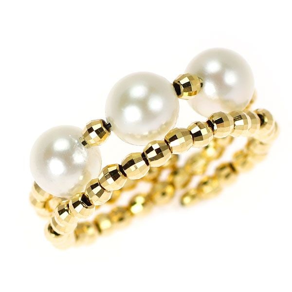 Second-hand - New K18YG Akoya Pearl Ring, approximately 5.0mm in diameter, shape memory.: The radiant yellow gold luster is beautiful and suitable for rings of various sizes. The luxurious ring band is composed of exquisite parts made from shape-memory wire, which can be wrapped around the