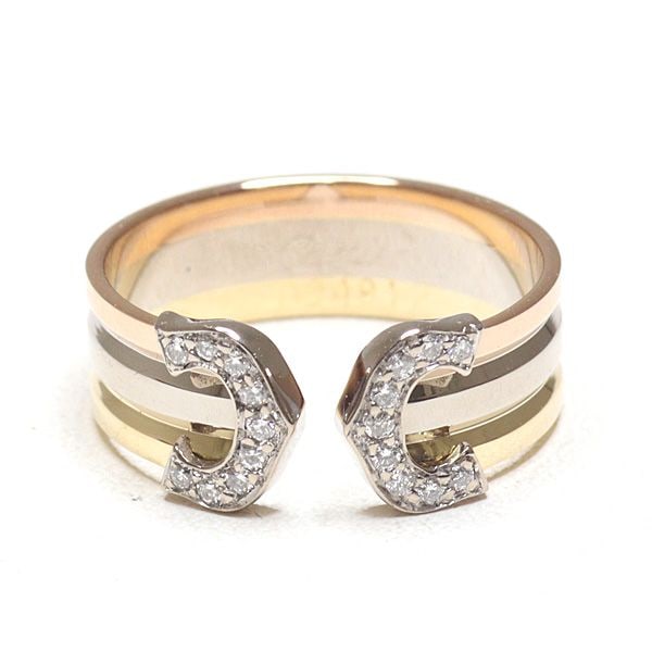 Pre-owned Cartier 2C Ring, Diamond, Tri-color Gold, Size #50 (measured as 9.5), 750 Yellow: Category: Branded Jewelry Brand: Cartier Item Name: 2C Ring, Diamond, Tri-Color Gold Model: Reference Price: Grade: A Size: Marked Size: 50, Actual Measurement: Size 9.5, Width Approximately 5.6mm Mat