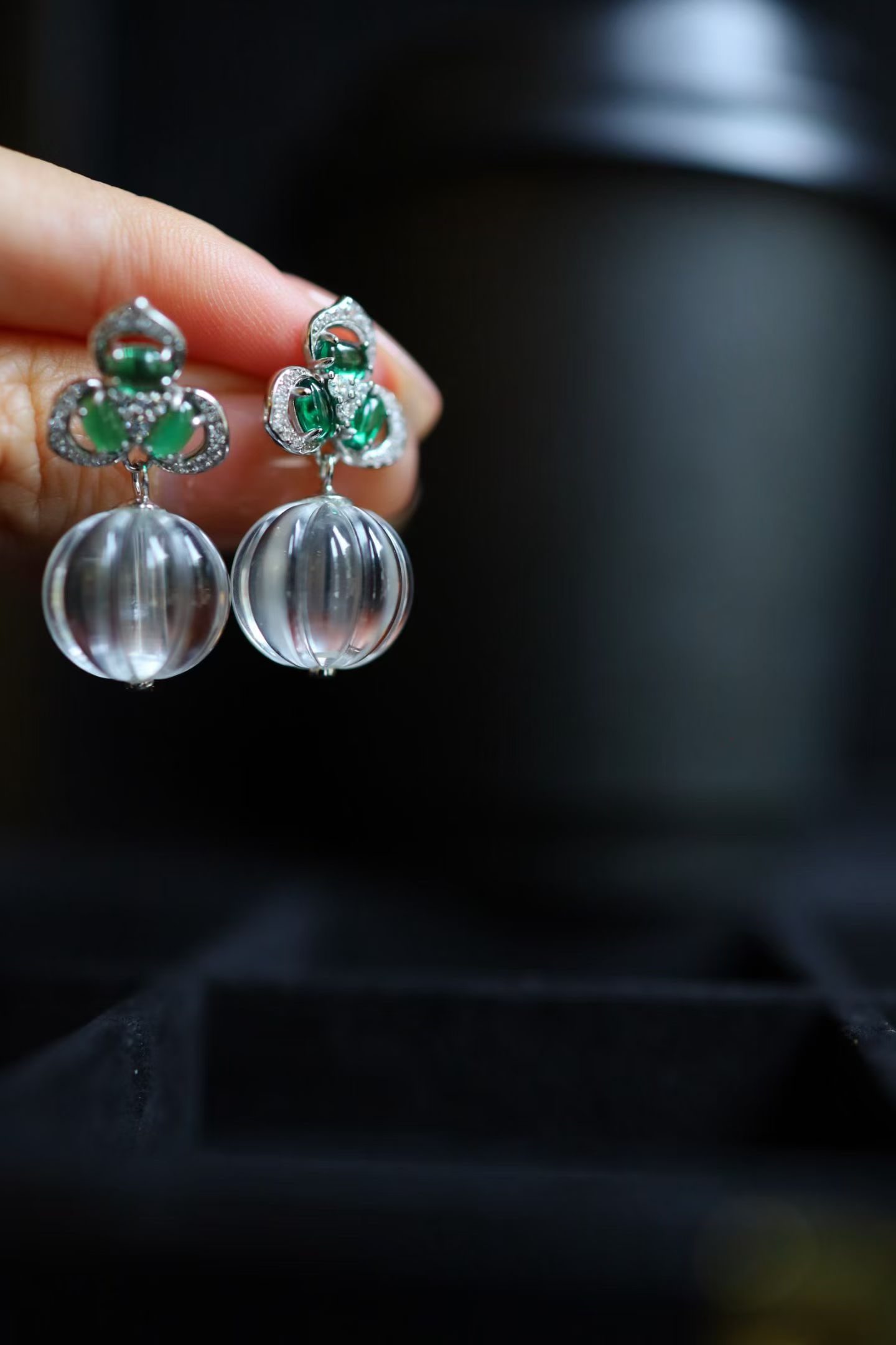 Natural White Crystal Bead Earrings: These earrings feature natural white crystal as the main stone, showcasing a clear green hue that brings a sense of tranquility. Crafted entirely from pure silver, they exude elegance and unique desig
