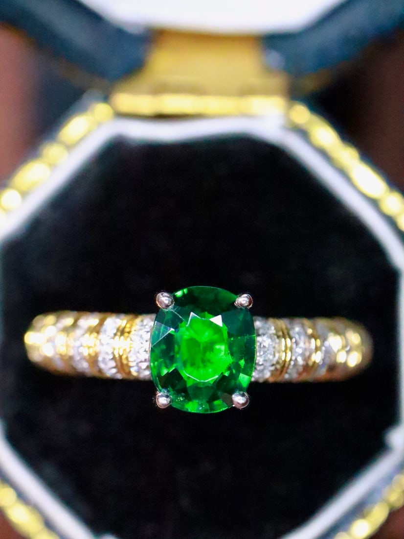 18K High-Quality Tsavorite Ring: This ring captivates with its vivid color and flawless glassy texture. The green of the tsavorite is as lively as a sprite, elegantly paired with 18K gold design. (Main stone 0.70ct, gold weight