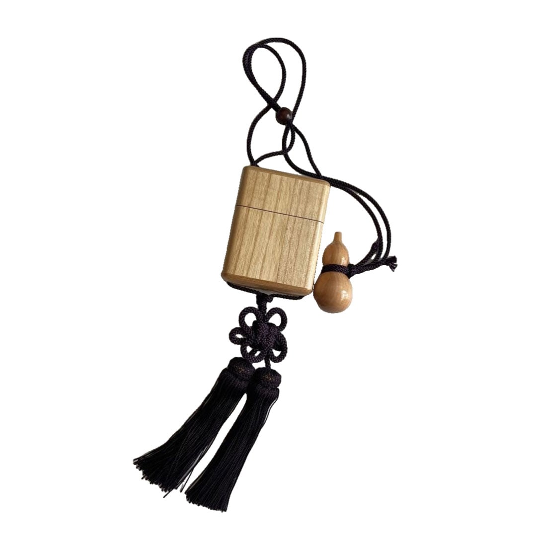 Okachu Inro: Okachu Inro Inro, Paulownia Wood, Colored (Large). Accompanied by a wooden colored 2-inch gourd and chrysanthemum knot tassel. Inro dimensions: Large. External dimensions: approximately 4.0 cm deep x
