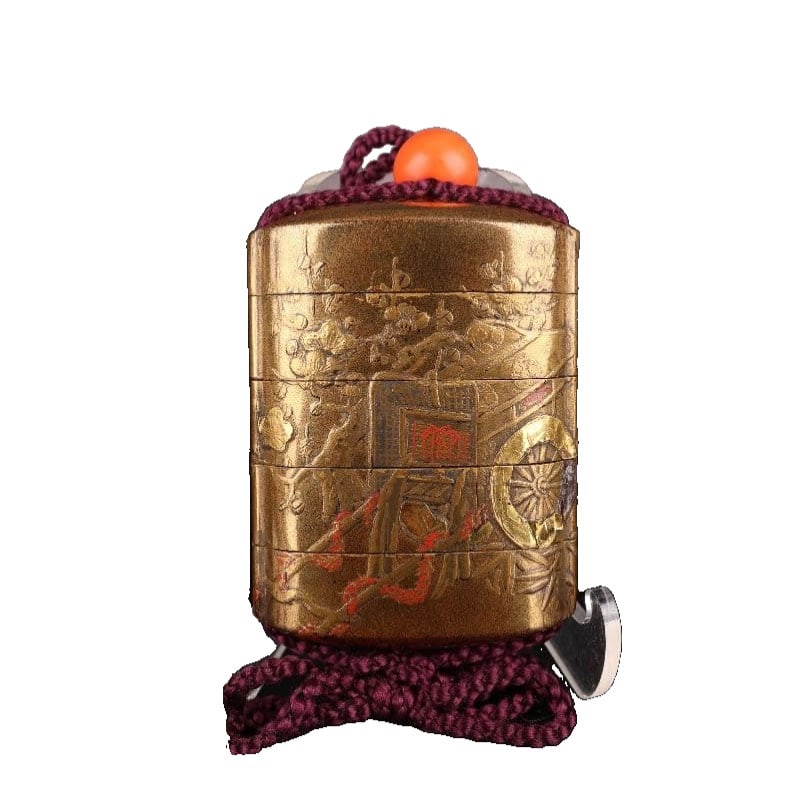 Makie Inro with Gosho-guruma (Imperial Carriage) and Chrysanthemum Grass Pattern, Gold Inlay, Five: A maki-e inro featuring a design of court carriages and chrysanthemum grass patterns with gold inlay, in five sections, with damage. The maki-e lacquerware is decorated with floral and court carriage