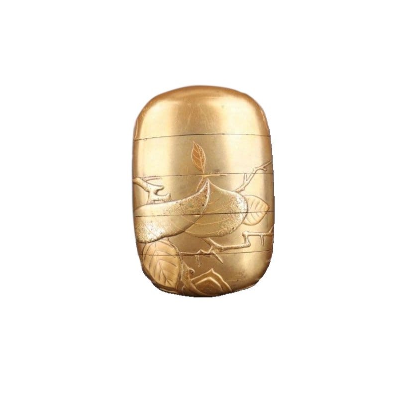 Edo period, gold maki-e inro with withered persimmon pattern, showing period wear.: Edo Period Gold Maki-e Inro with Withered Persimmon Pattern, Showing Period Wear Gold Maki-e Inro, adorned with a design of plants and leaves. Color: Gold. Design: Botanical Pattern.