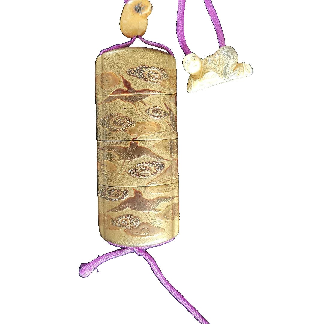 Period Object: Inro with Maki-e Bird Motif, Netsuke Attachment, Antique: Period Item: Inro with Maki-e Bird Motif, Netsuke Accessory, Antique This is a four-tiered inro intricately decorated with bird motifs using kin-takamaki-e technique, accompanied by a cord and