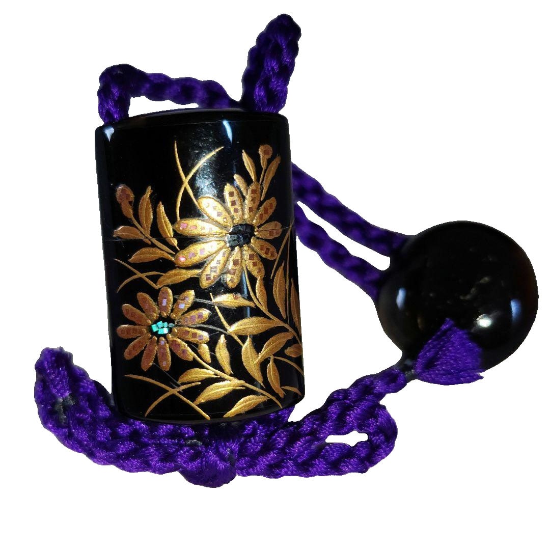 Tortoiseshell Inro, Netsuke, Cord Fastener, Gold Maki-e, Raden Inlay, Chrysanthemum Pattern, Yojo. (1 of 13)