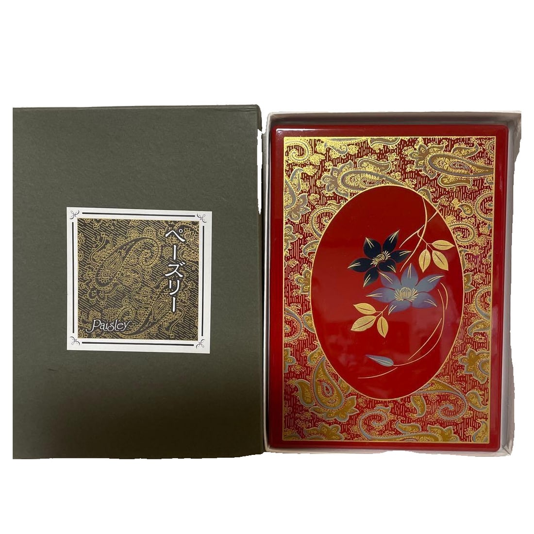 Preserved Item: Retro Lacquer Painting with Floral Pattern, Address Book, Paisley Design, Gold: Item: Vintage Lacquer Painting with Floral Pattern, Paisley Design, and Gold Decoration There is slight wear from storage. The outer box shows signs of wear. The images are of the actual item.