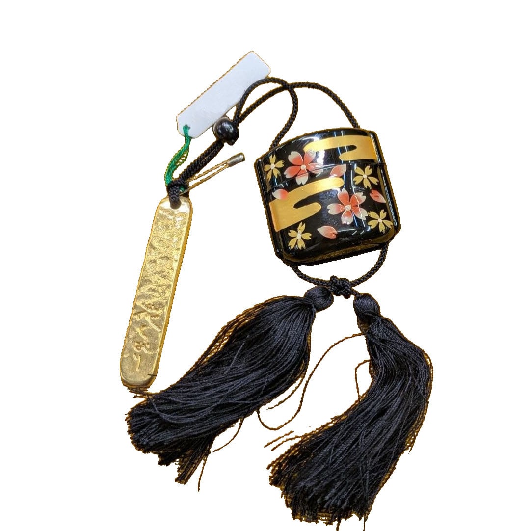 Black Ground Cherry Blossom Maki-e Inro with Attached Netsuke Ornament (1 of 3)