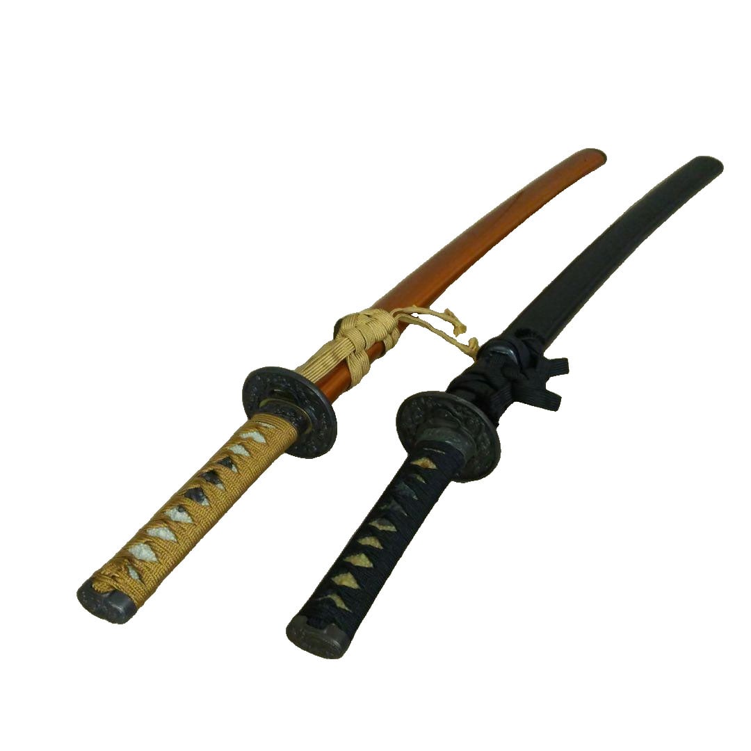 Set of Two Small Reproduction Swords, Imperfect Items: Set of Two Imitation Swords - Small, with Defects Black scabbard, the tsuba (sword guard) has a slight looseness, and both sides of the blade have numerous fine scratches, along with other signs of