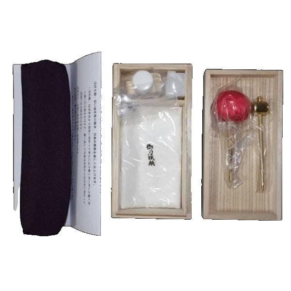 Japanese Sword Maintenance Kit in Paulownia Wood Box, 5-Piece Set with Sword Rest, Includes: Japanese Sword Maintenance Kit in Paulownia Wood Box, 5-Piece Set with Sword Rest, Includes Instruction Manual This Japanese sword maintenance kit is housed in a paulownia wood box and includes a 5-pi